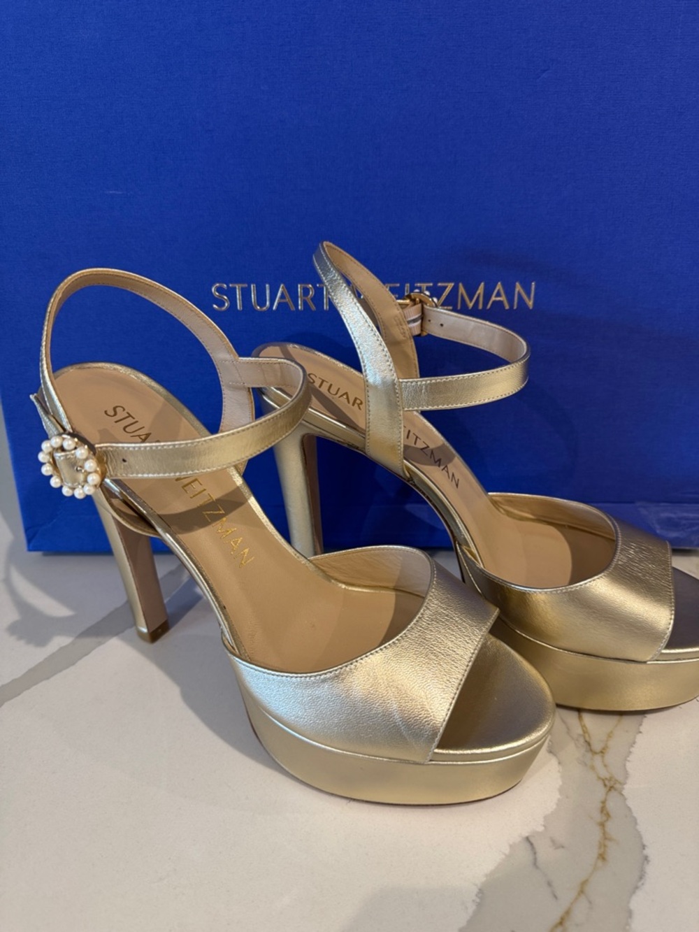 Stuart Weitzman Metallic Gold Pearl-Embellished Platform Slingback 11